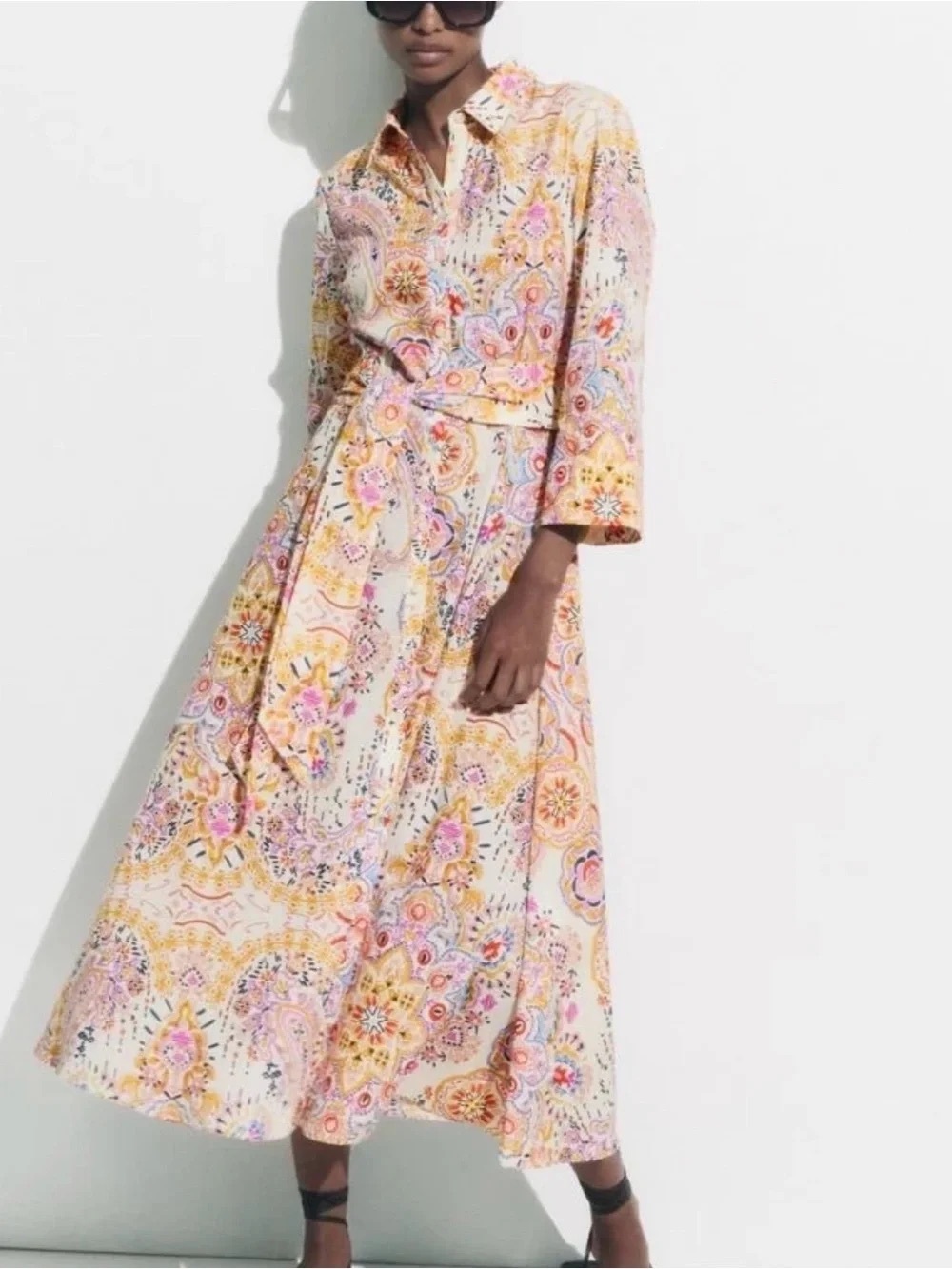 Zara Paisley Printed Boho Button Front Tie Waist Belted Maxi Shirt Dress XL